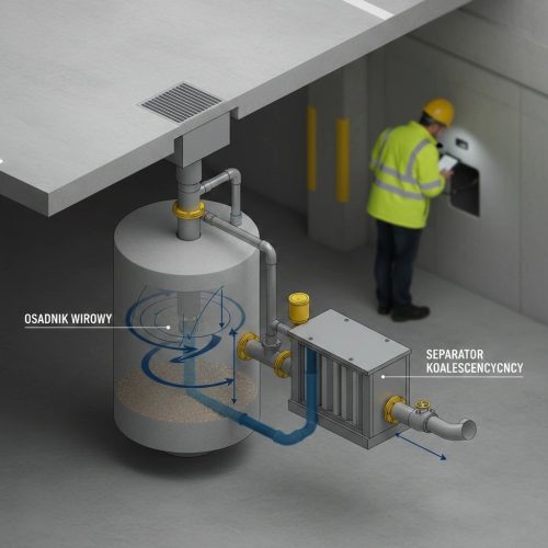 Schemat techniczny odwodnienia parkingu z osadnikiem wirowym i separatorem ropopochodnym INOX.